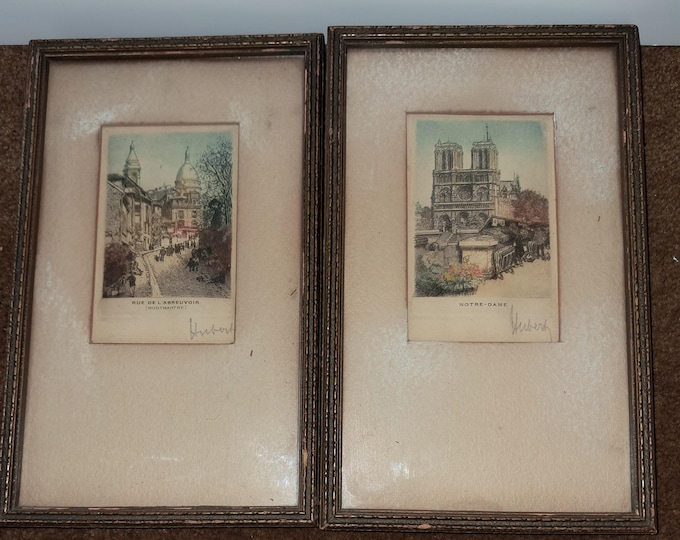 Hand Painted   Miniature  paintings  of Notre-Dame  &  Rue De L'abreuvior ( montmarre) Paris
