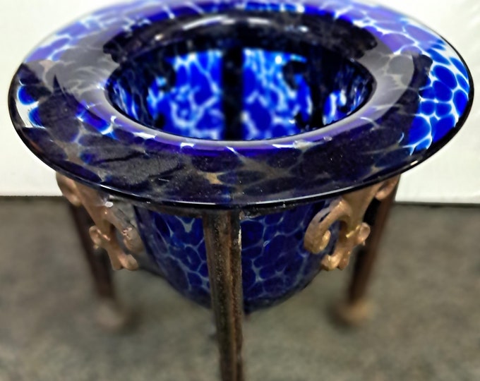 Vintage Clear/ Cobalt Blue Handmade Vase  with  Ornate  Cast Iron  Stand