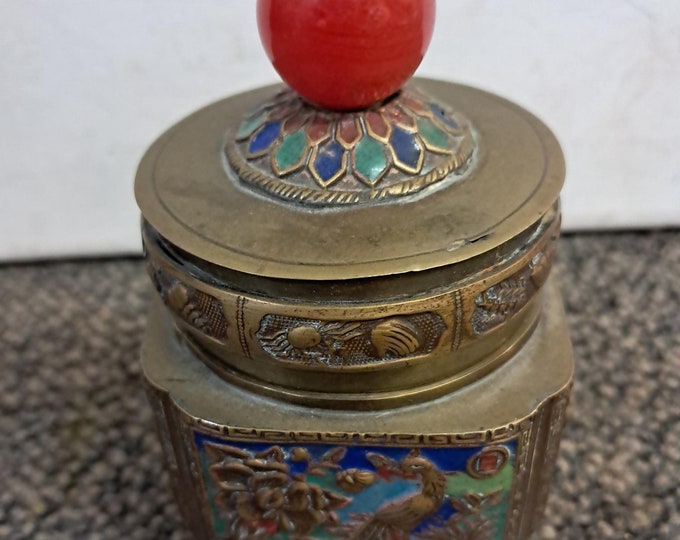 Antique 4-sided Chinese Tea Caddy Box Cloisonne Enamel & Brass Repousse Relief