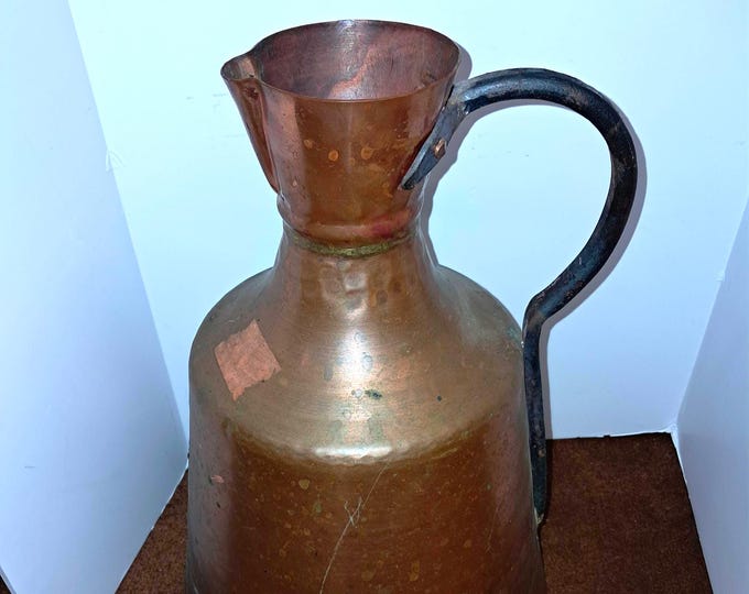 Tall Primitive Copper Hammered Forged Jug Pitcher Vessel Antique Water Wine