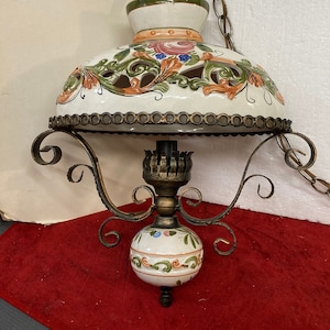 Antique Wrought iron Chandelier Ceramic Pottery Shade Italian Tole