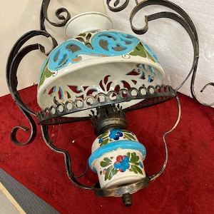 Antique Wrought iron Chandelier Ceramic Pottery Shade Italian Tole