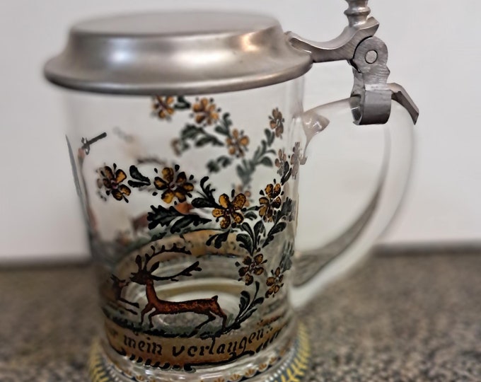 Vintage Glass Beer Stein Mug w Pewter Lid . Made in Germany