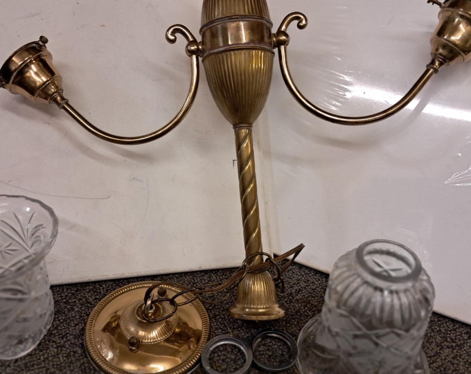 Antique Brass Two Drop-Light Hanging Ceiling Fixture, Circa 1920