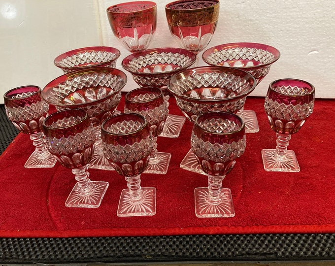 Vintage Westmoreland Ruby Red Cordial Glasses, Cre Art Wine Glasses - 13 Piece Set
