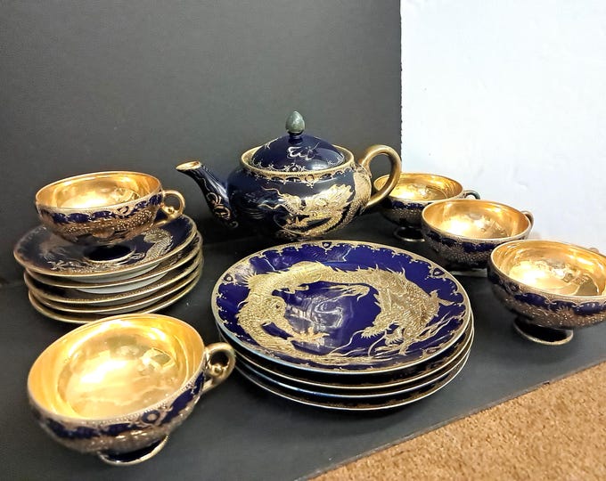 17 pcs. Golden Dragon  Cobalt  Tea Set ,Shufo Japanese  Antique 1890's -1910's