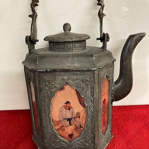 Antique Hexagonal Chinese Metal Teapots Reverse Hand Painted Glass Panels 19th C