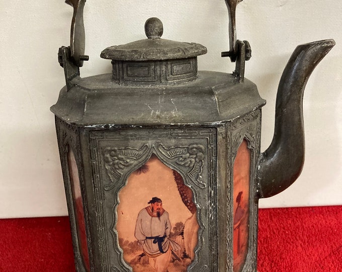 Antique Hexagonal Chinese Metal Teapots Reverse Hand Painted Glass Panels 19th C
