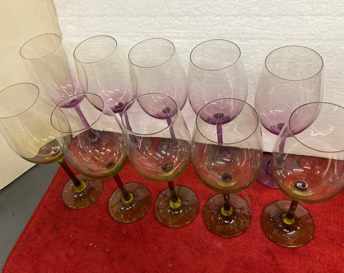 Set of 10 Hand Blown  Wine Glasses in Emerald and Burgundy