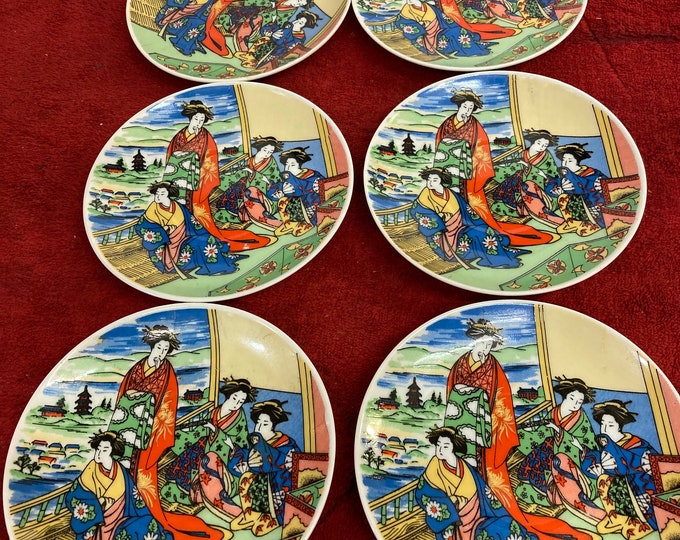 6 Vintage A.M.V. Japan Hand Painted Porcelain 4.5 " Collectible Plates
