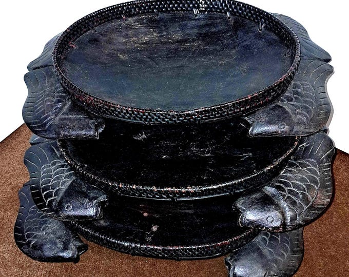 3 Serving Wood Bowls Carved Fish Handles Pisces Serving African Native Primitive