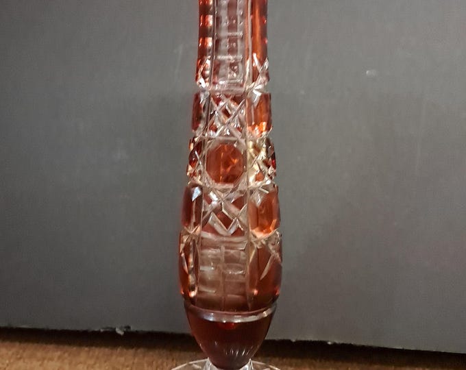 Vintage Bohemian / Czech  Red  Cut  To  Clear  Footed  Art Crystal Glass Vase