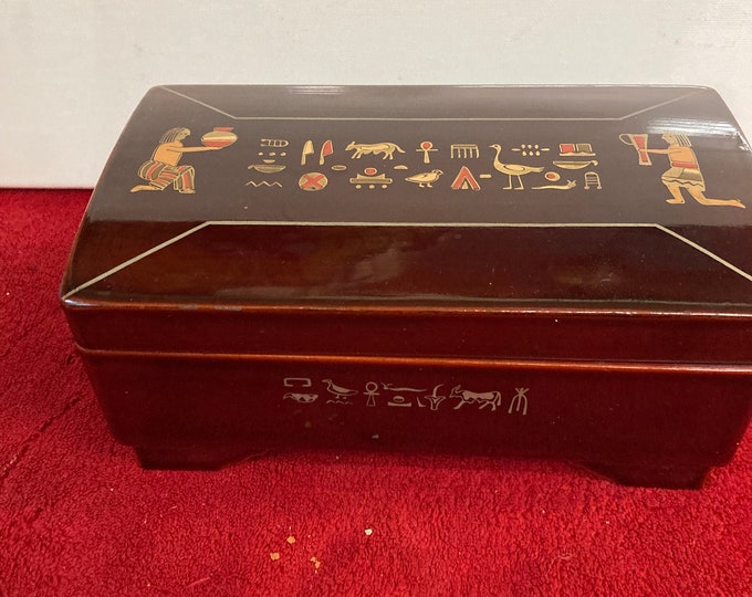 Vintage Japanese Music Jewelry Box Brown Lacqured inside Mirror and Blue Velvet
