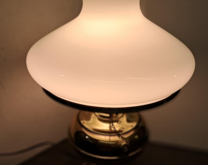 Vintage Brass Library Rayo Table Lamp w/ Glass Opaque White Shade & Chimney