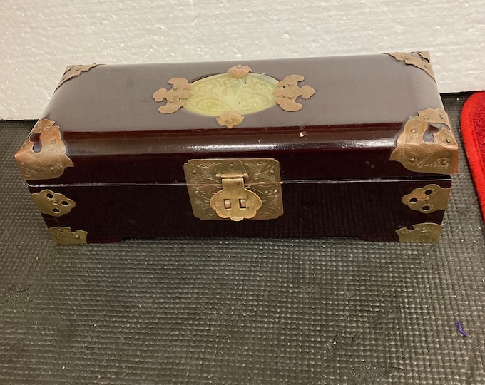 Vintage Jade Wood & Etched Brass Treasure Trinket Box