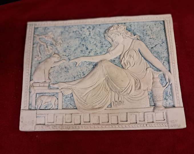 Thoy Lopez Vtg Art Nouveau Incolay Plaque Relief Blue White Goddess  With Her Cat