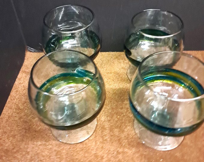 Set of  Four Hand Blown Mexican Turquoise / Green Swirl  Brandy Cognac Sniffer  Glasses