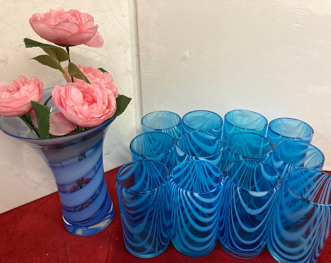 Handmade Light Aqua Blue Glass Set: Vase and Swirled Tumblers