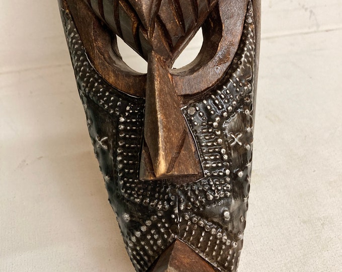 Vintage Handmade African Woodwork Mask  with  Hand Carved Metal