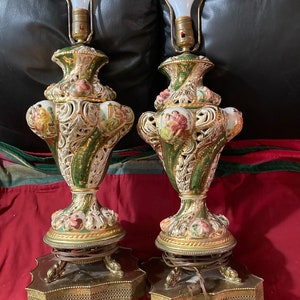 Pair Of Mid-Century Capodimonte Porcelain Cherub Maiden Table Lamps