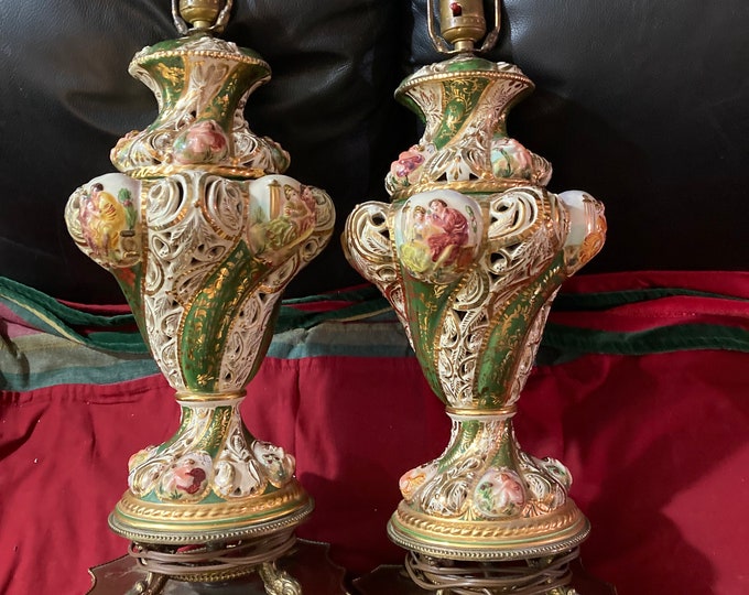 Pair Of Mid-Century Capodimonte Porcelain Cherub Maiden Table Lamps