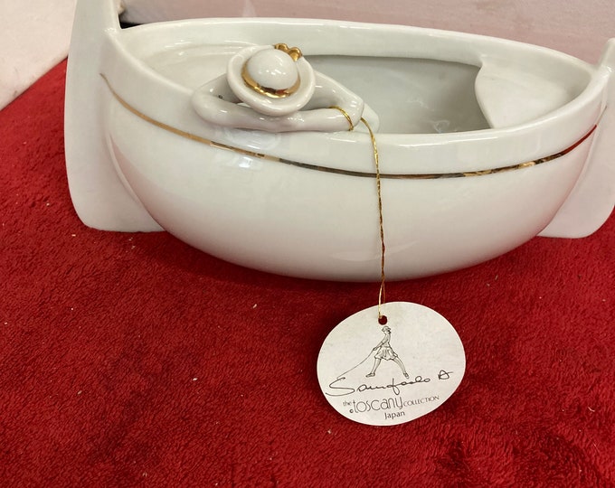 VTG White Porcelain Figurine Boat Girl Hat Tuscany Collection Gold Trim