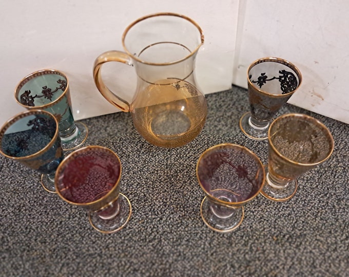 Vintage Glass Water Pitcher Plus 6 Matching Wine/Water  Glasses ,With Rich Gold Design