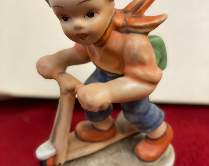 Vintage Friedel Bavaria Ceramic Figurine: Boy on Scooter, Hand Painted