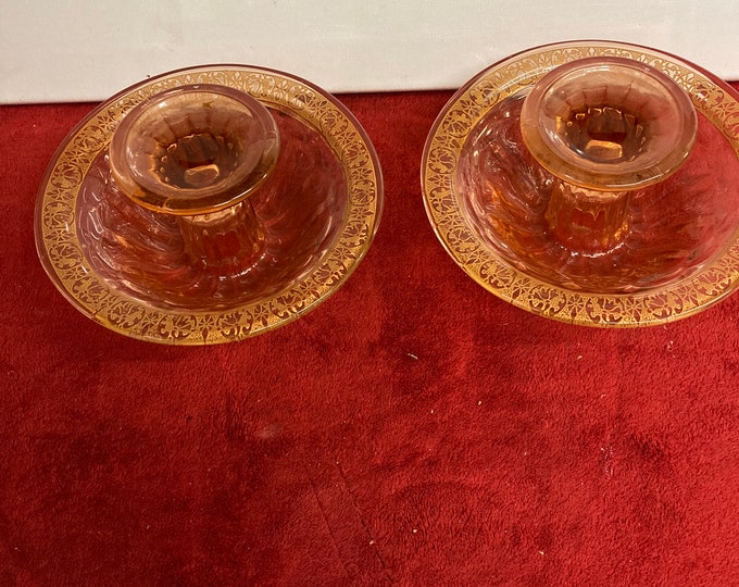 Pair of Antique Fancy Etched Pink Depression Glass Candleholders