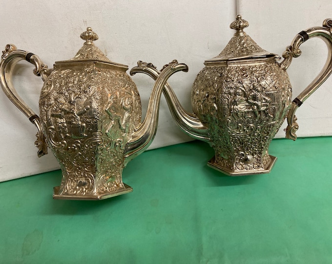 Two Vintage Figurative Windmill Dutch Inspired Silver Teapots, Marked Numbered