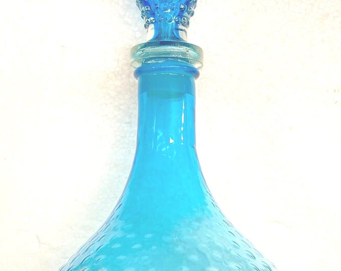 Glass Genie Bottle Teal Blue Bubble Hobnail With Stopper.Made In Italy