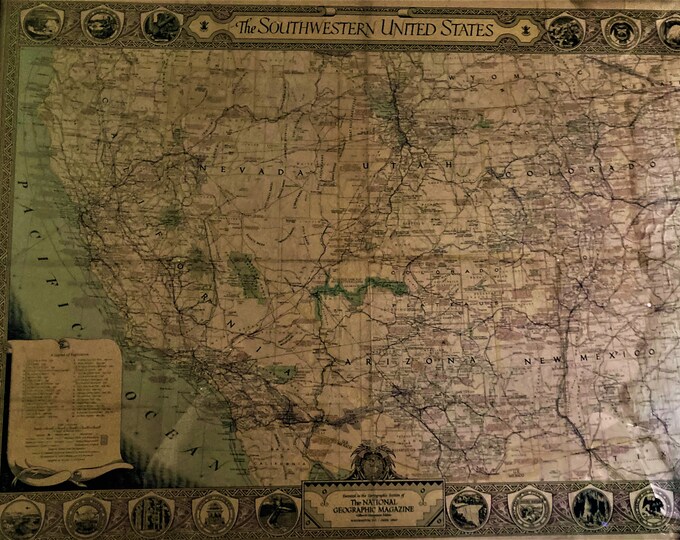 National Geographic Magazine, June 1940,The ORIGINAL Southwestern  Lithograph Map