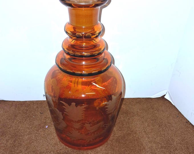Bohemian  Amber Color  Engraved  Bottle Decanter