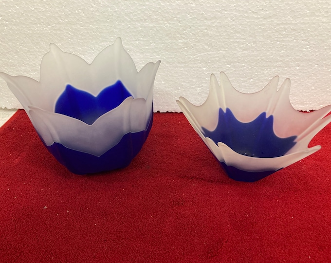 Set  of Lotus Cobalt Blue Bowl Glass Star Shape Frosted Vase Candle Holder