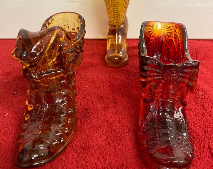 3 Fenton Art Glass Slipper Shoes Hobnail Amber Puss in Boots Figurine Vintage
