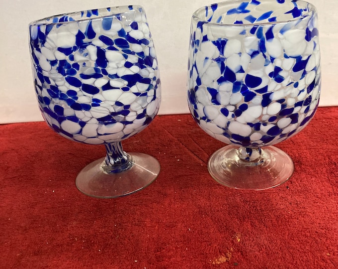 Two Hand Blown Cobalt Blue and White Confetti Goblets