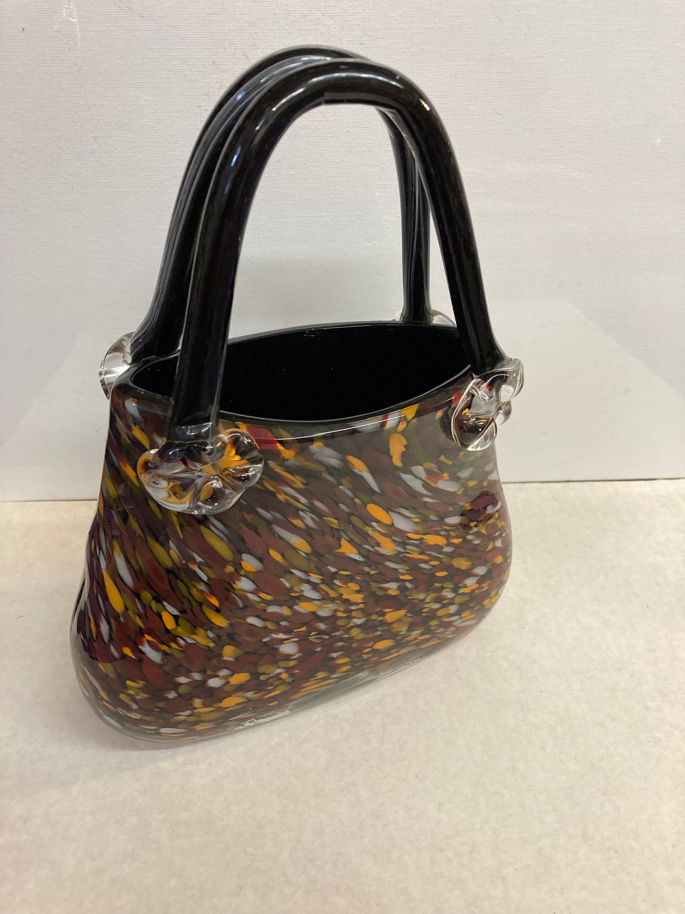 Block Crystal /hand Made Blown Glass Purse Vase. Amber Confetti Design