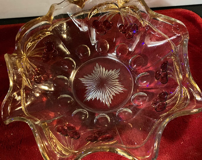Antique Northwood Carnival Glass Cherries Pattern Centerpiece 8 Ruffle Serving Bowl GOLD
