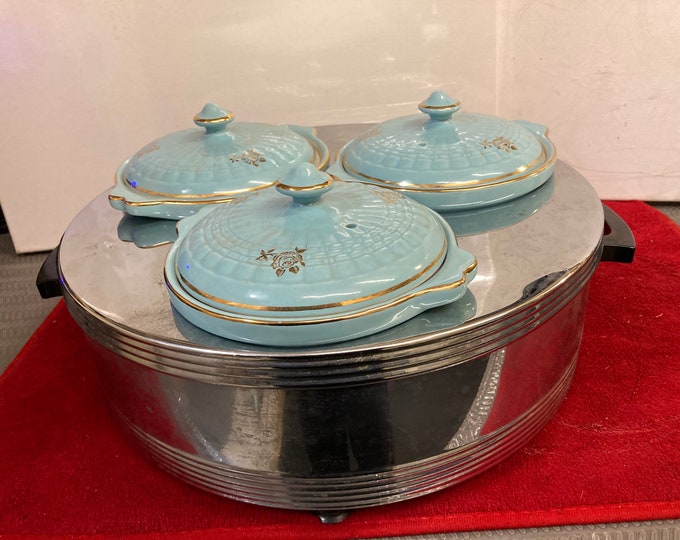 Vintage Hall China Food Warmer, Blue Floral Ceramic Bowls