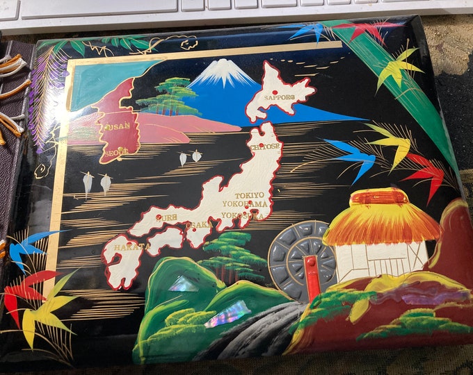 Vintage 1950's Black Lacquer Japanese Wood Photo Album