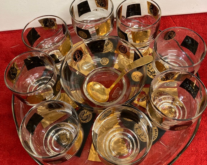Vintage Midcentury Barware Set, Rocks Glasses  with Serving Plate 1960s Gold Presidential Coins