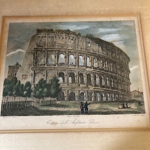 May include: A vintage print of the Colosseum in Rome, Italy. The print is in black and white with a sepia tone. The text on the print reads "Esterno dell' Anfiteatro Flavio".