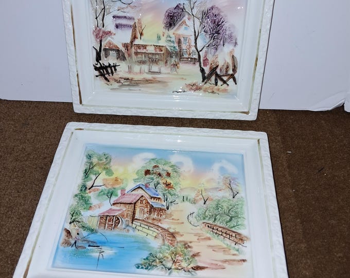 Set of 2 Nikoniko Hand Painted Countryside Porcelain Wall Plaques 3D Japan