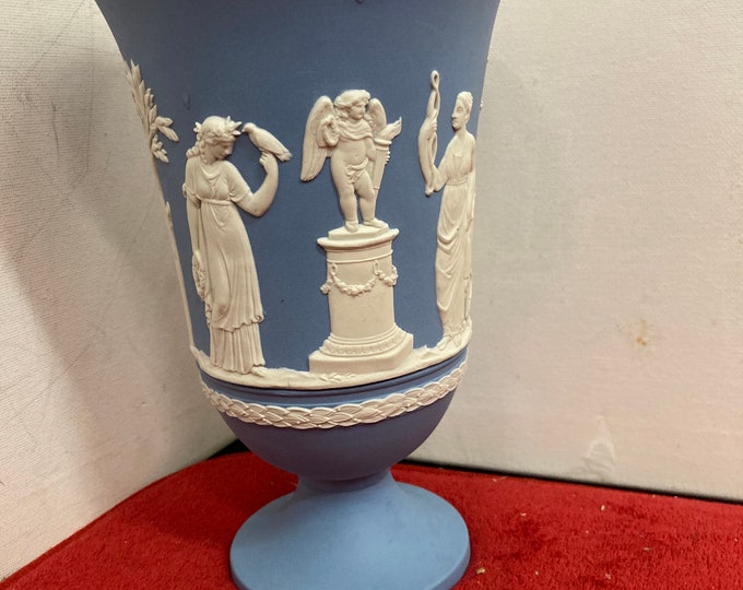 2 Wedgwood Blue Jasperware Vase Pale Blue White Classical Figures & cigarette holder with "grapevine" motif embossing