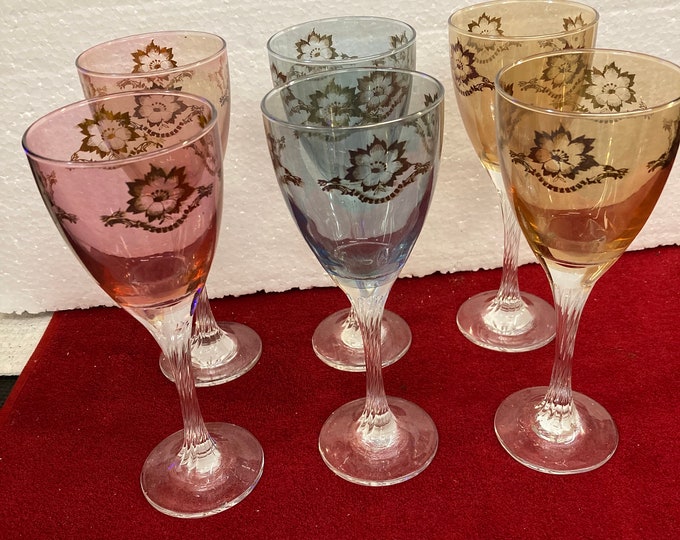 6 Multicolored Swirl Stemmed  Wine Glasses Hand Decorated Set