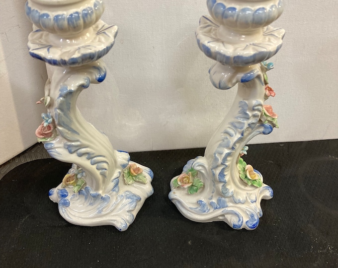 Vintage Italian Capodimonte Pair of Tall Candlestick Holders with Rose Motif 8"