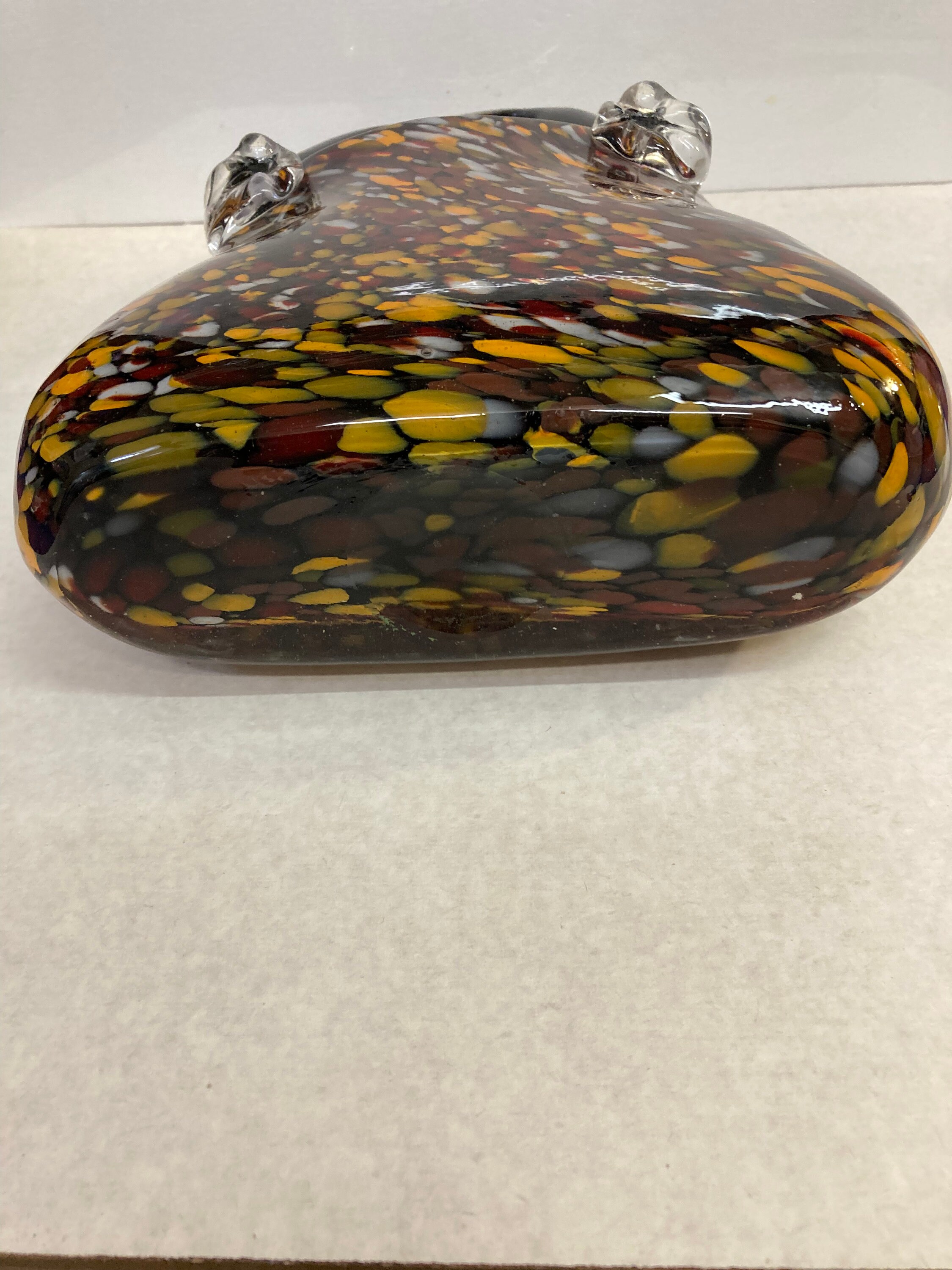Block Crystal /hand Made Blown Glass Purse Vase. Amber Confetti Design