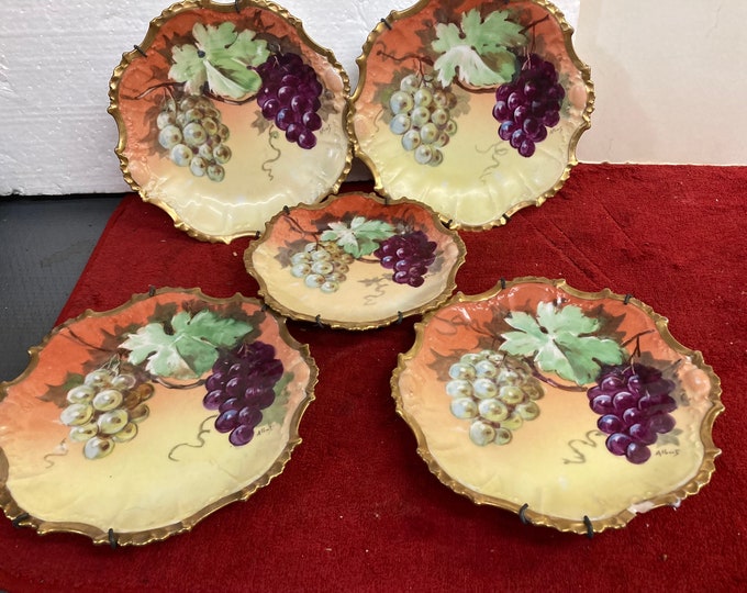 Flambeau LDBC Limoges Porcelain Fruit Plates: Gold Rococo Rim, Set of 5