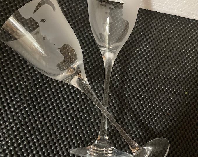 Pair Of  Long Stem  Face Etching  Crystal Wine Glasses