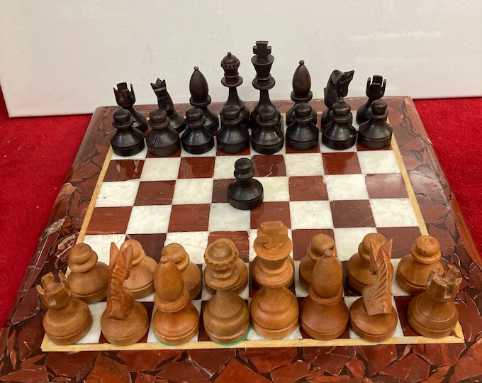Marble Chess Set: Handmade Wooden Armies, Mosaic Walnut Pattern Board